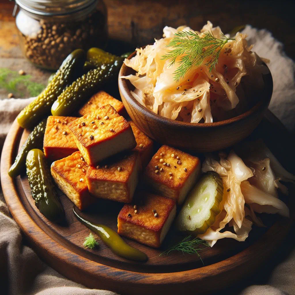 Golden fried tofu cubes with pickled cabbage and fresh coriander