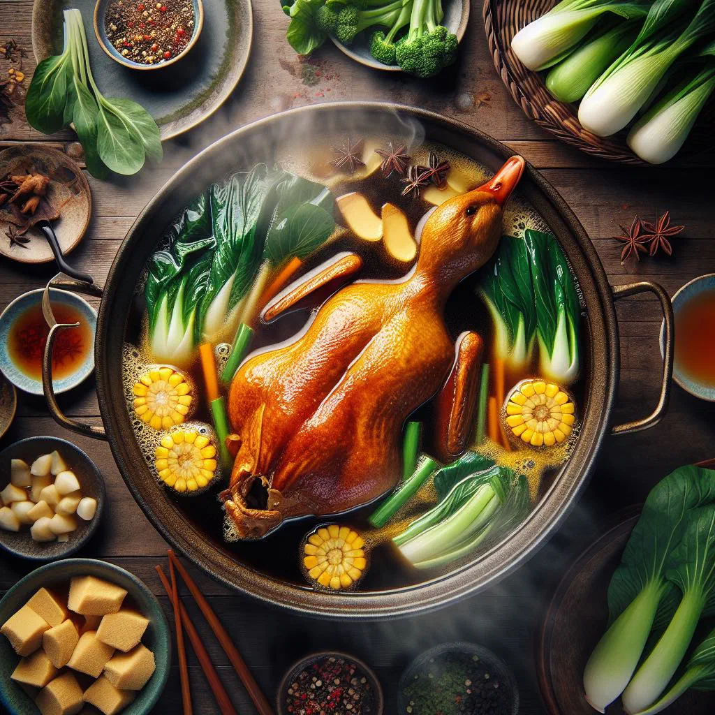 Bubbling ginger duck hotpot with tender duck pieces and greens in a pot