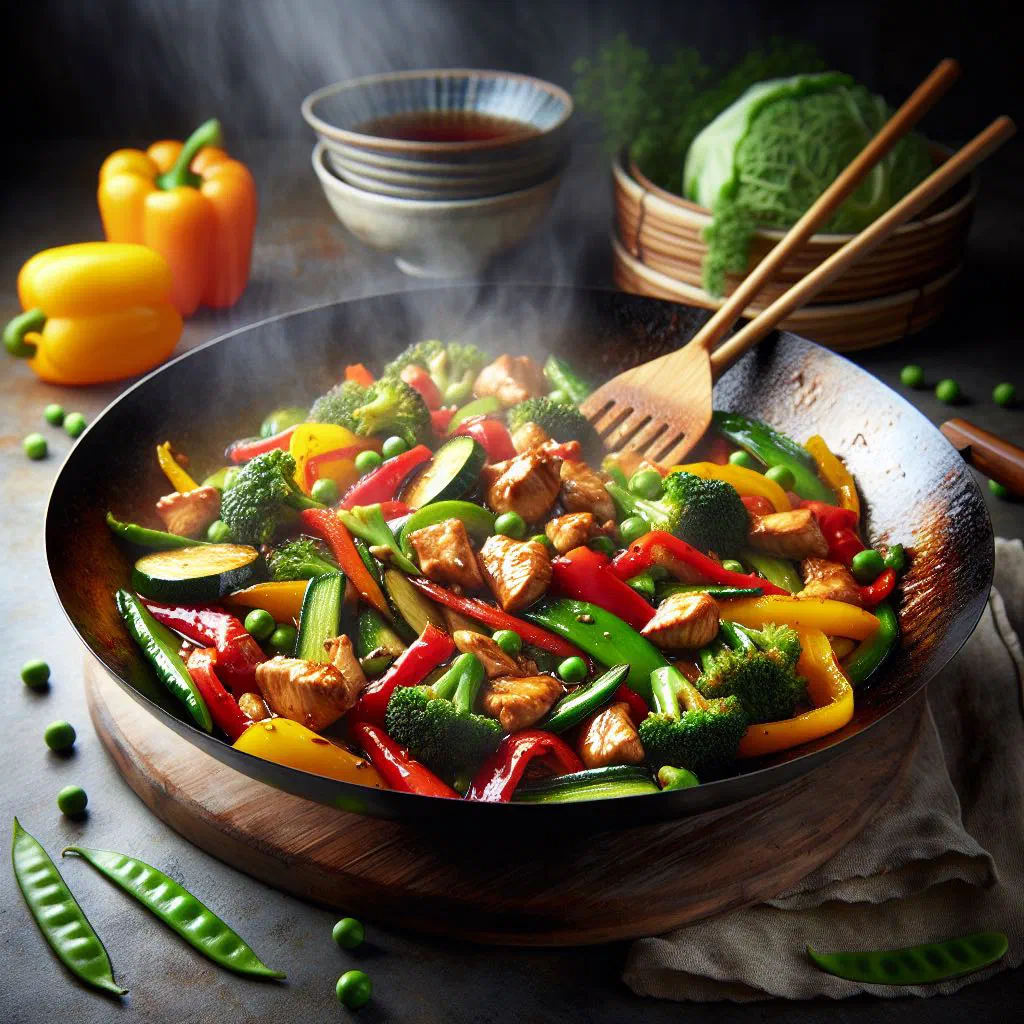 Colourful Hakka stir-fry with chicken and fresh vegetables in a wok