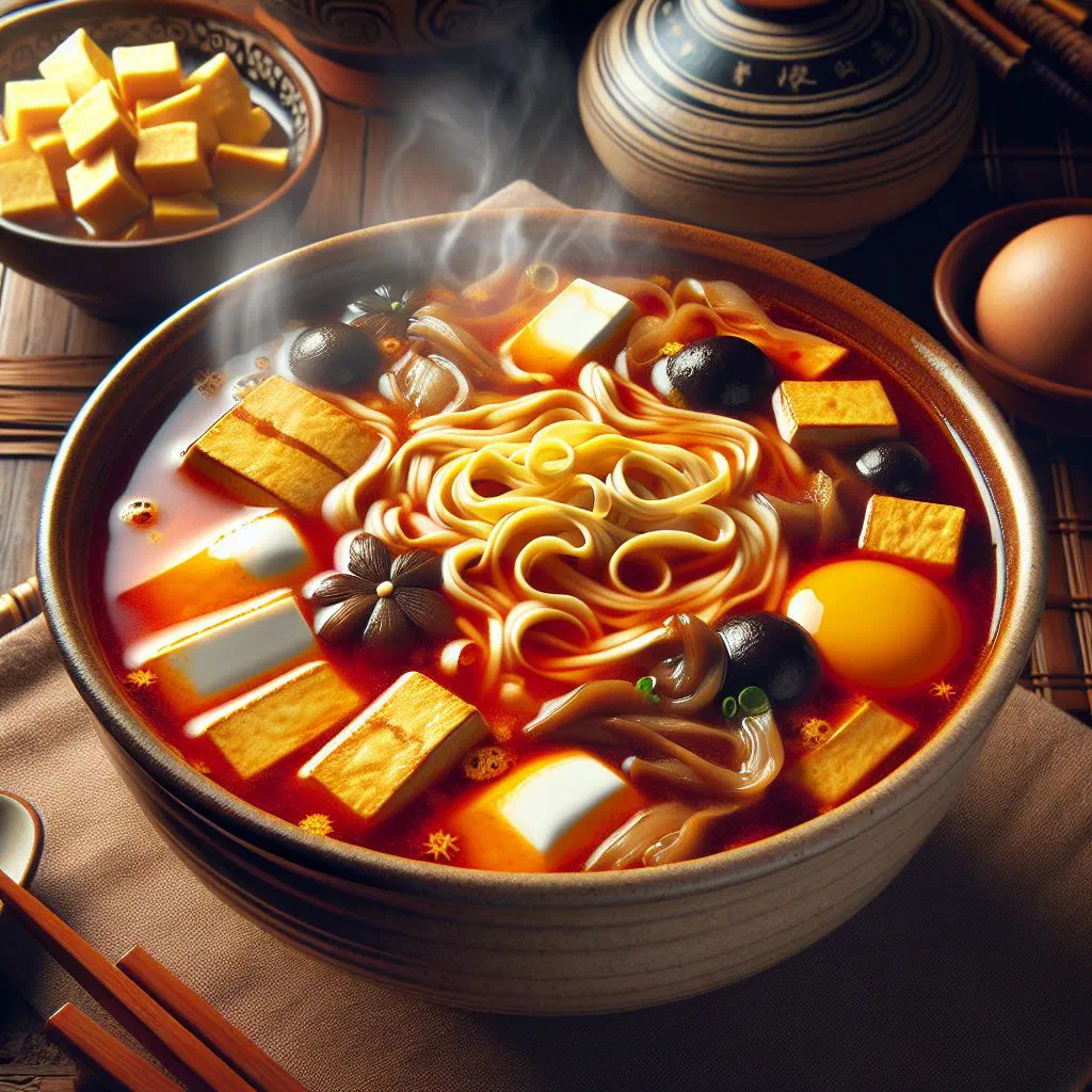 A steaming bowl of hot and sour soup with tofu, mushrooms and chives