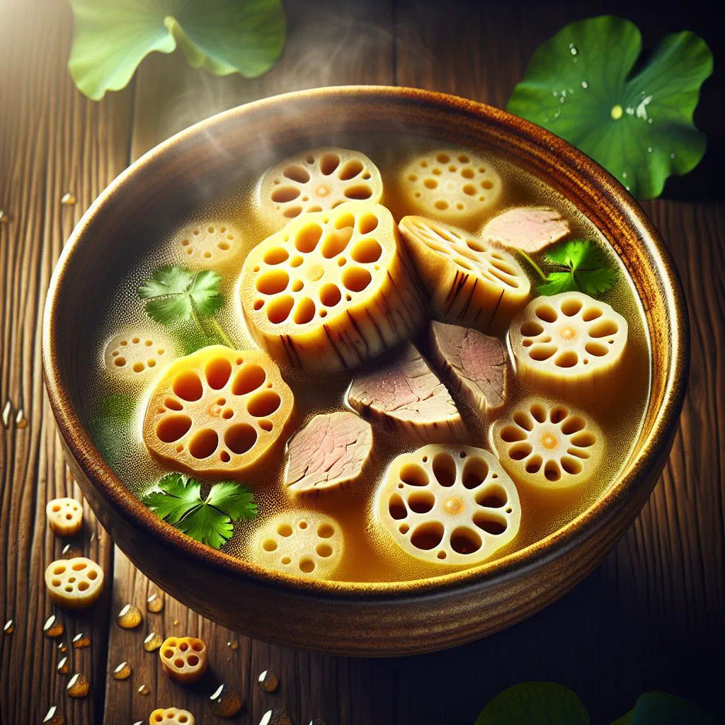 Bowl of Taiwanese lotus root soup with sliced lotus root and fresh coriander