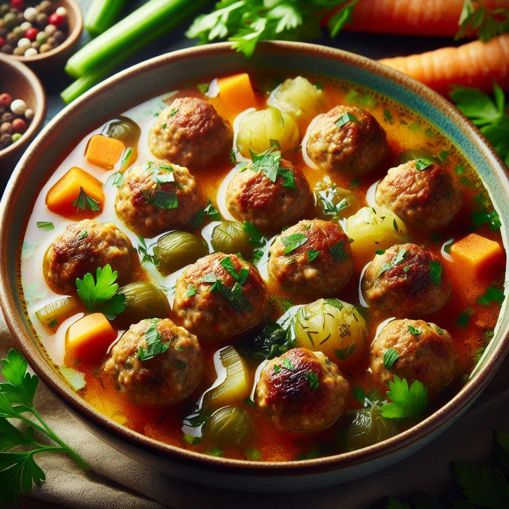 Bowl of Taiwanese meatball soup with rice noodles and spring onions