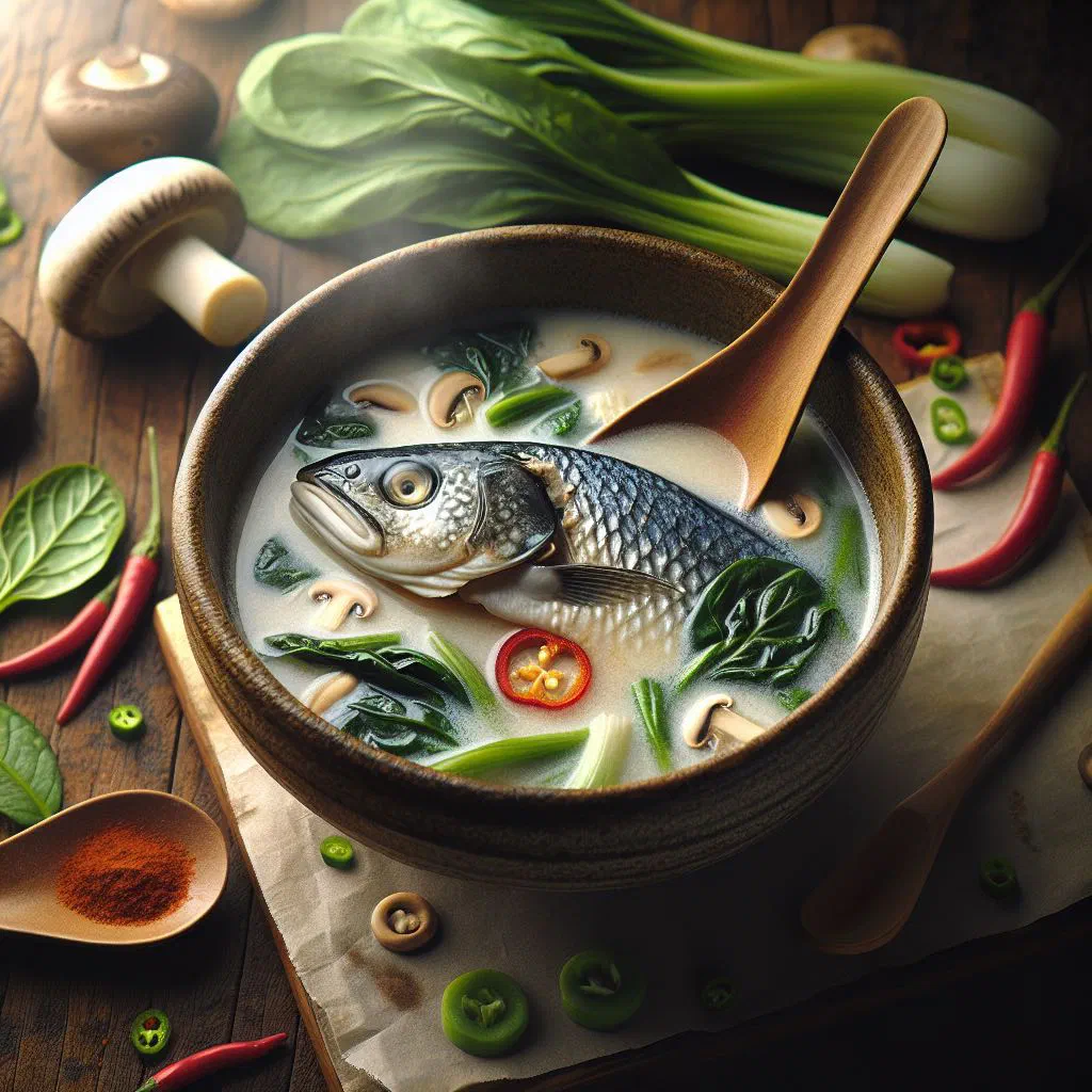 Bowl of Taiwanese milkfish soup with vegetables and fresh herbs