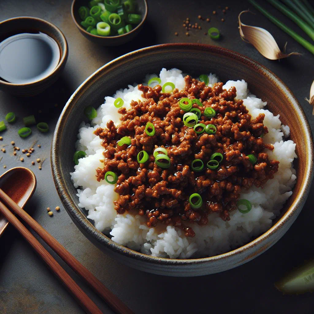 Bowl of Taiwanese minced pork over steaming rice topped with fresh herbs