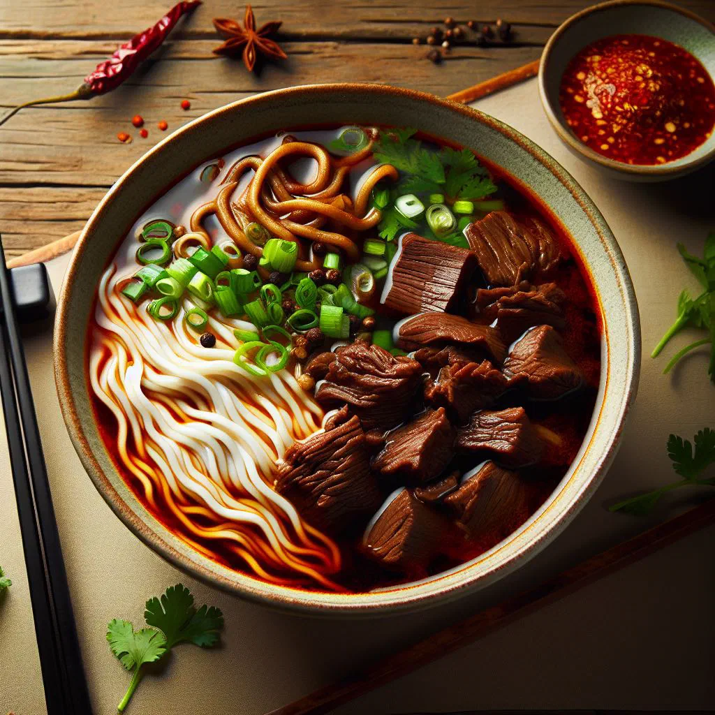 Bowl of Niu Rou Mian with tender beef, wheat noodles and fresh coriander