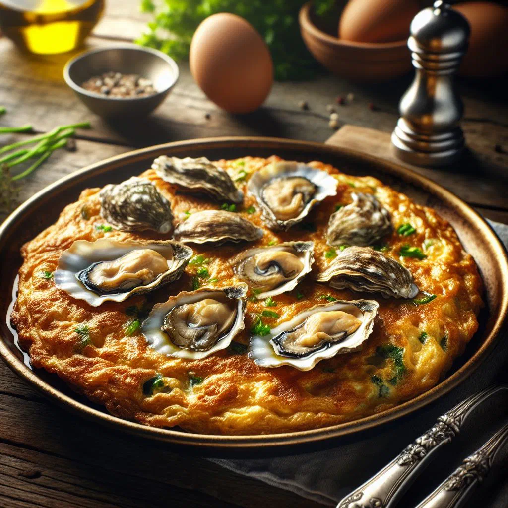 Golden oyster omelette topped with spring onions and a savoury sauce