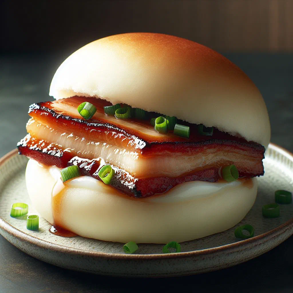 Steamed gua bao filled with braised pork belly, pickled vegetables and fresh coriander