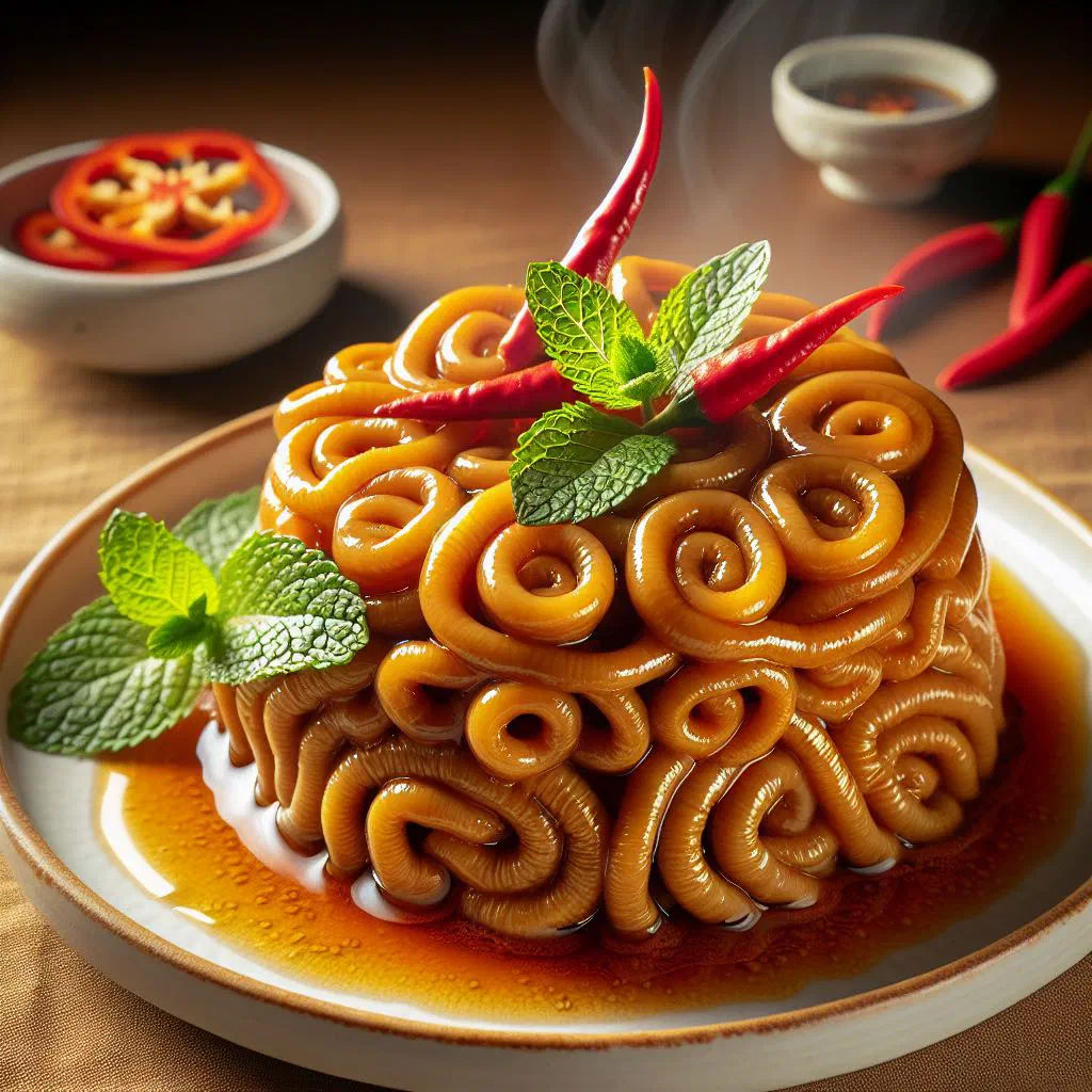 A steaming bowl of pork intestine vermicelli topped with spring onions and chilli oil