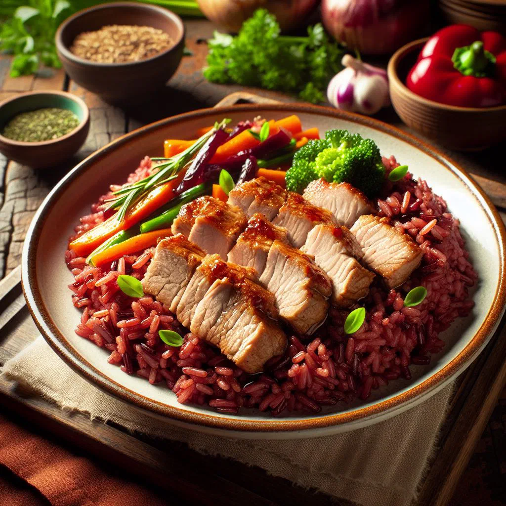 Glossy red-braised pork belly cubes garnished with spring onions