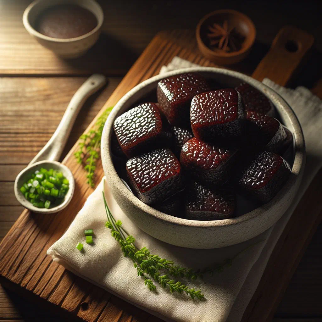 Steamed rice blood cake sliced and served with spicy chilli sauce