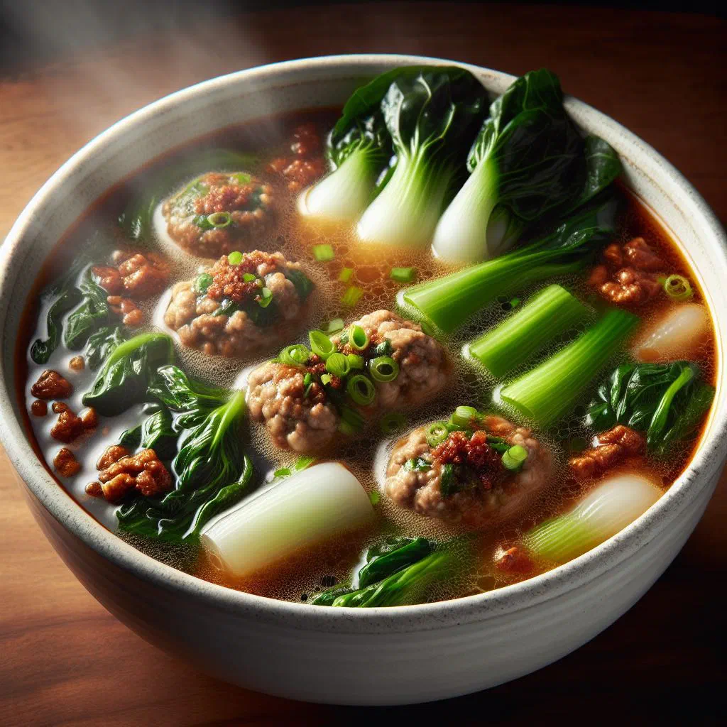 Bowl of Taiwanese rou geng soup with tender pork and vegetables in a thickened broth