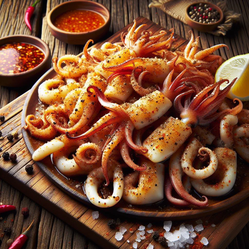 Crispy golden salt and pepper squid garnished with fresh coriander