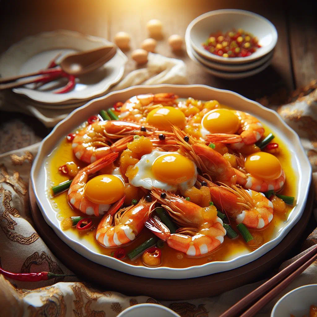 Golden salted egg yolk shrimp garnished with chopped chives