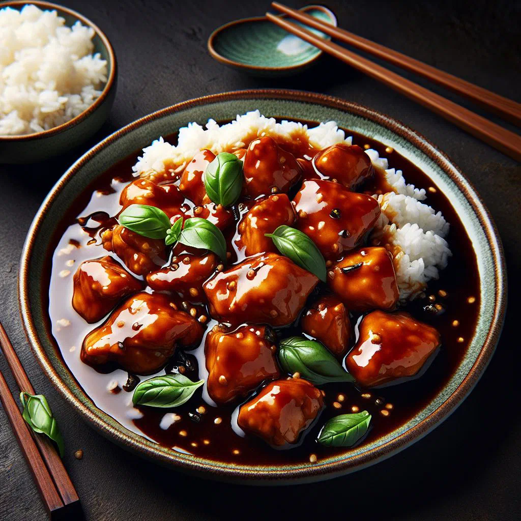 Glossy San Bei Ji chicken with ginger, garlic and fresh basil in a clay pot