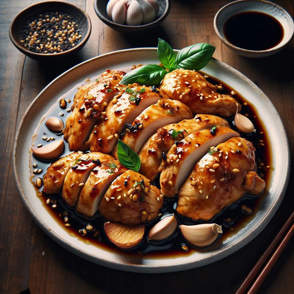 Braised sanbei chicken with ginger, garlic and fresh basil in a pan