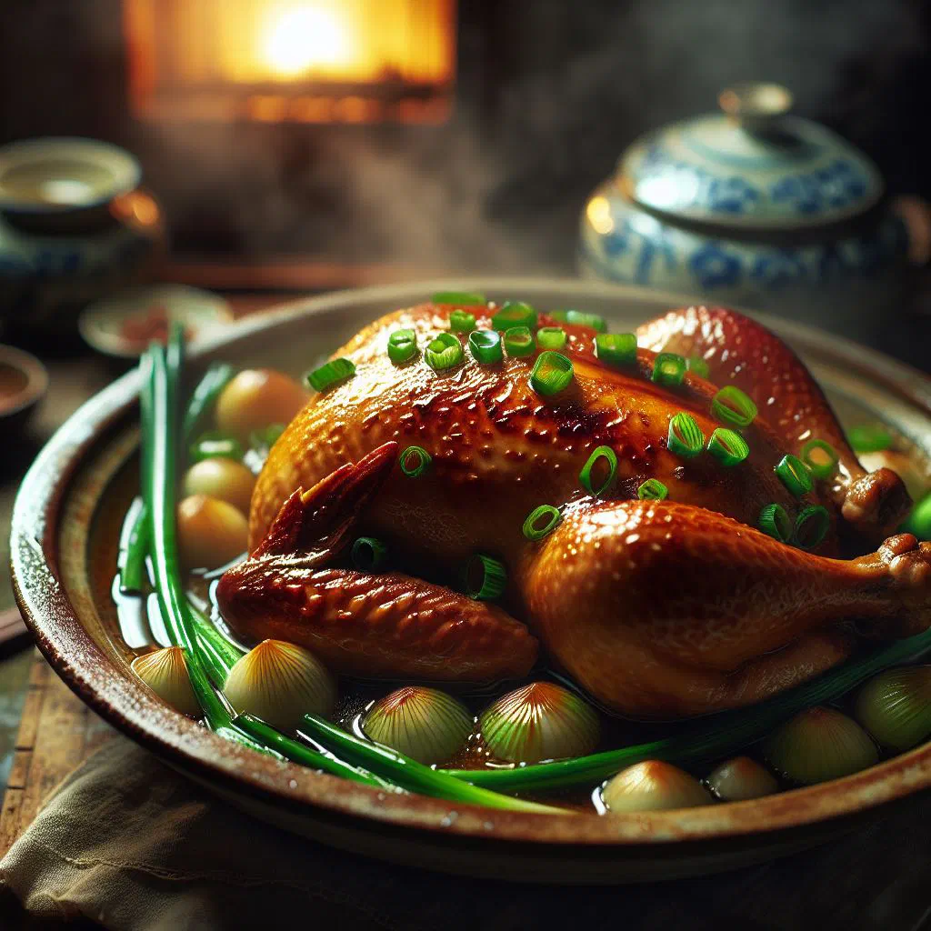 Poached chicken pieces topped with fragrant spring onion and ginger oil