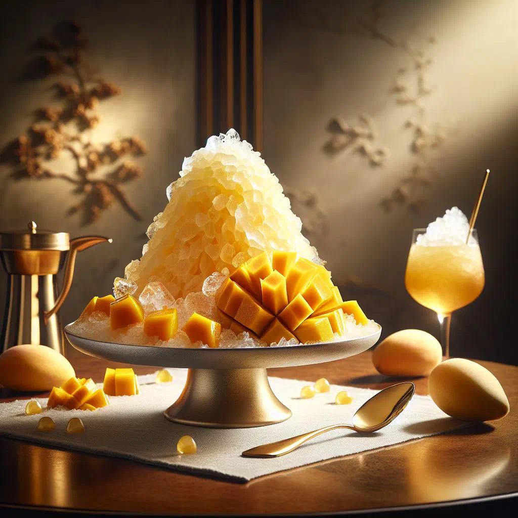 Bowl of shaved ice topped with fresh mango pieces and condensed milk