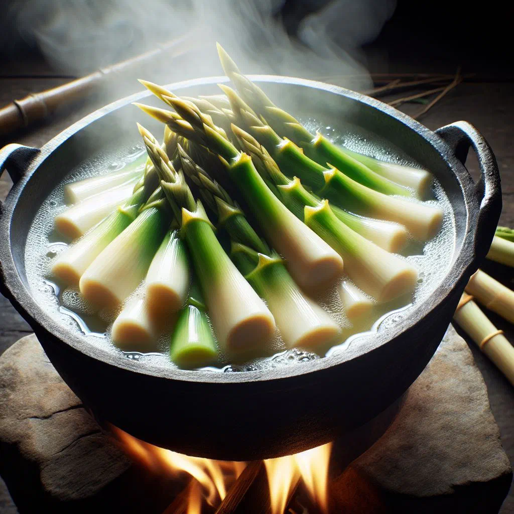 Simmered bamboo shoots in a savoury broth garnished with fresh herbs