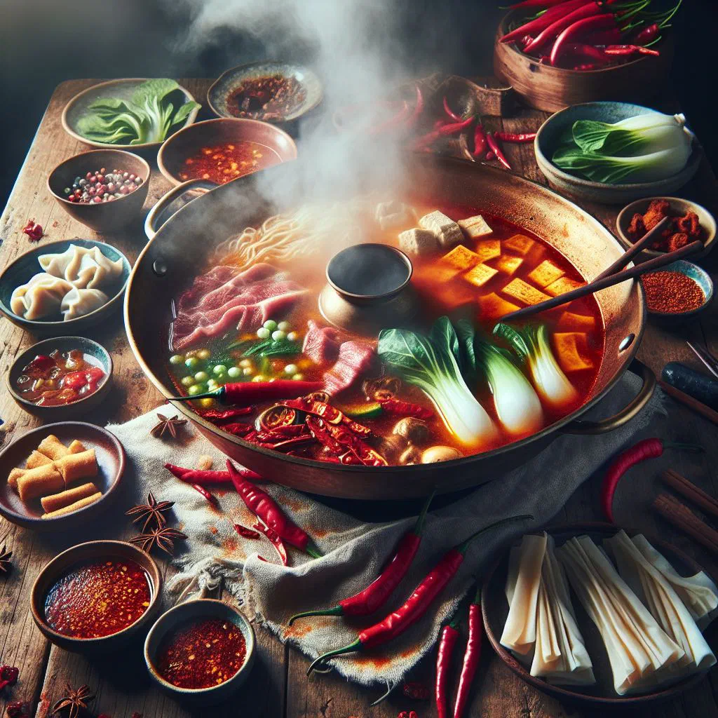 Bubbling spicy hot pot with beef, vegetables and noodles in a rich red broth