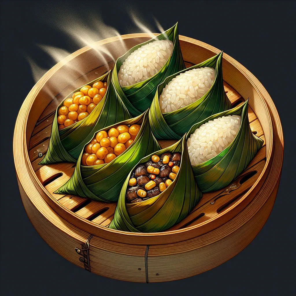 Sticky rice dumplings wrapped in green bamboo leaves, tied with string