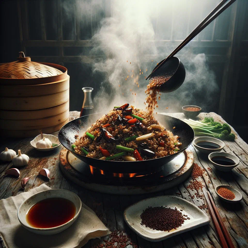 Bowl of Taiwanese fried rice with vegetables, spring onions and prawns
