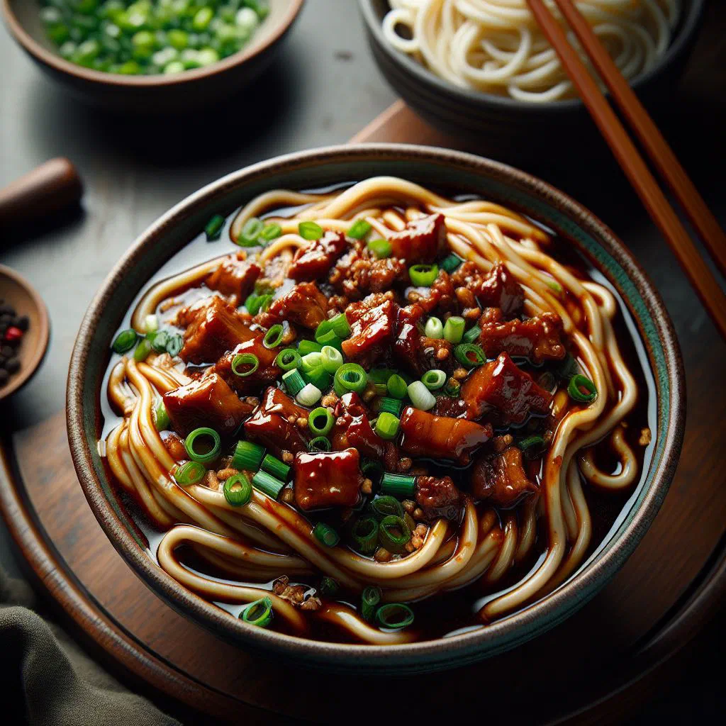 Bowl of Taiwanese meat sauce noodles topped with fresh coriander