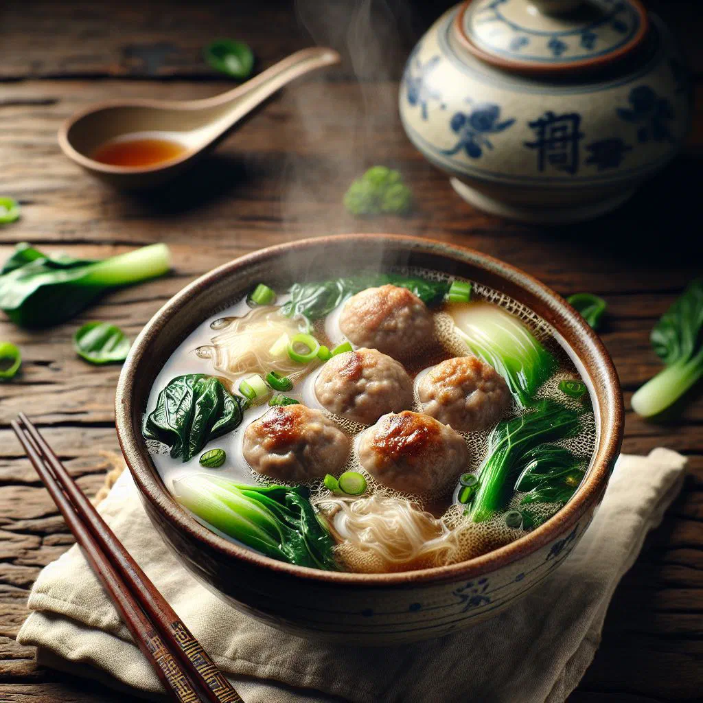 Bowl of Taiwanese meatball soup with pork meatballs, vegetables and fresh coriander