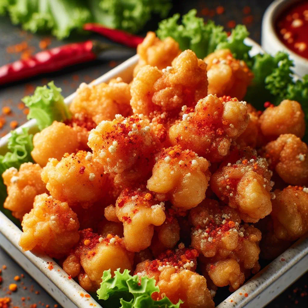 Crispy Taiwanese popcorn chicken with fried basil leaves