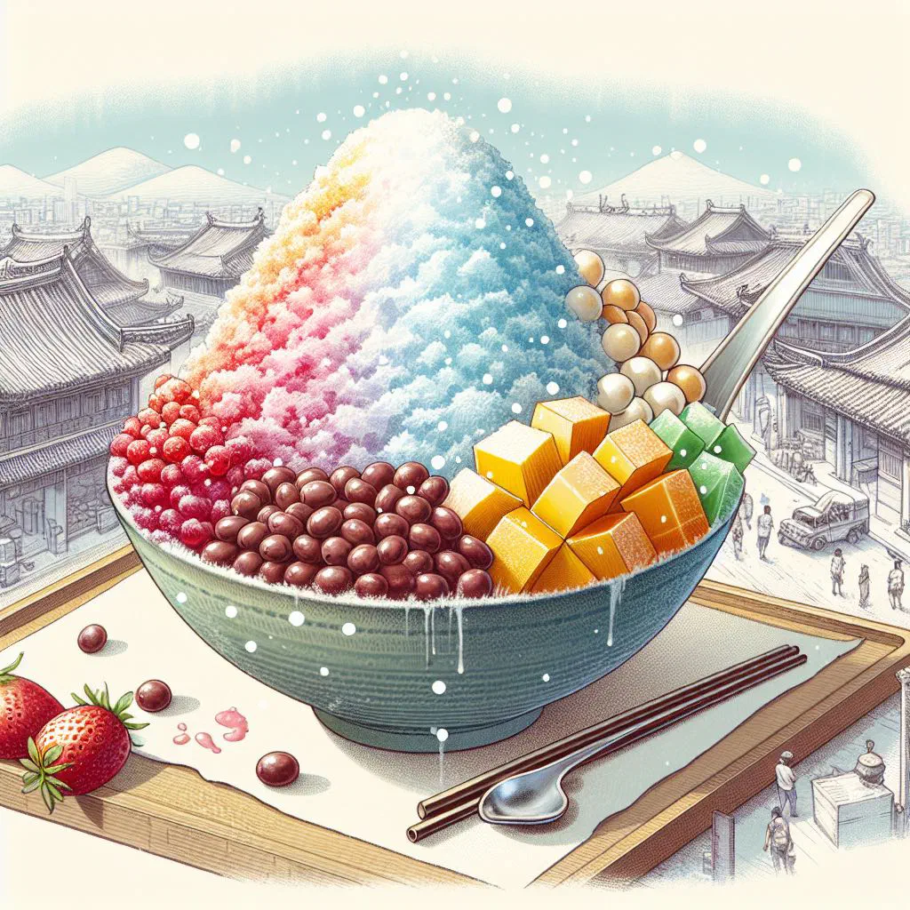 Bowl of fluffy Taiwanese shaved ice topped with fresh fruit and sweet beans