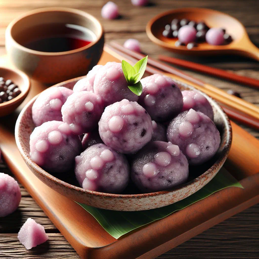 Colourful chewy taro balls served in a bowl with coconut milk