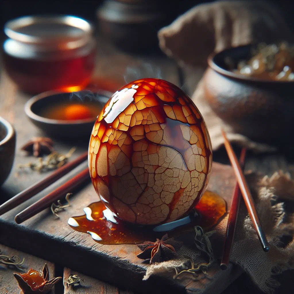 Marbled tea eggs simmered in a dark spiced soy and tea marinade