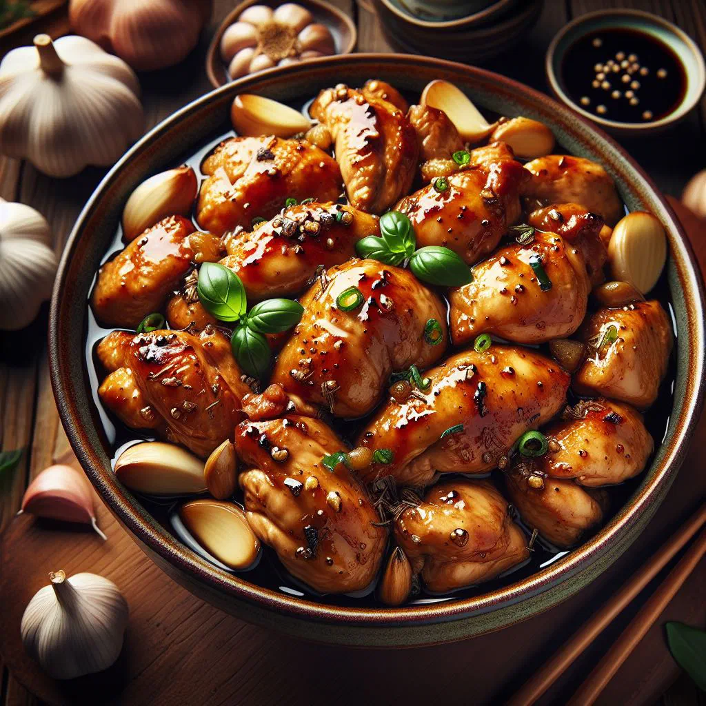 Braised three-cup chicken with Thai basil and ginger in a clay pot
