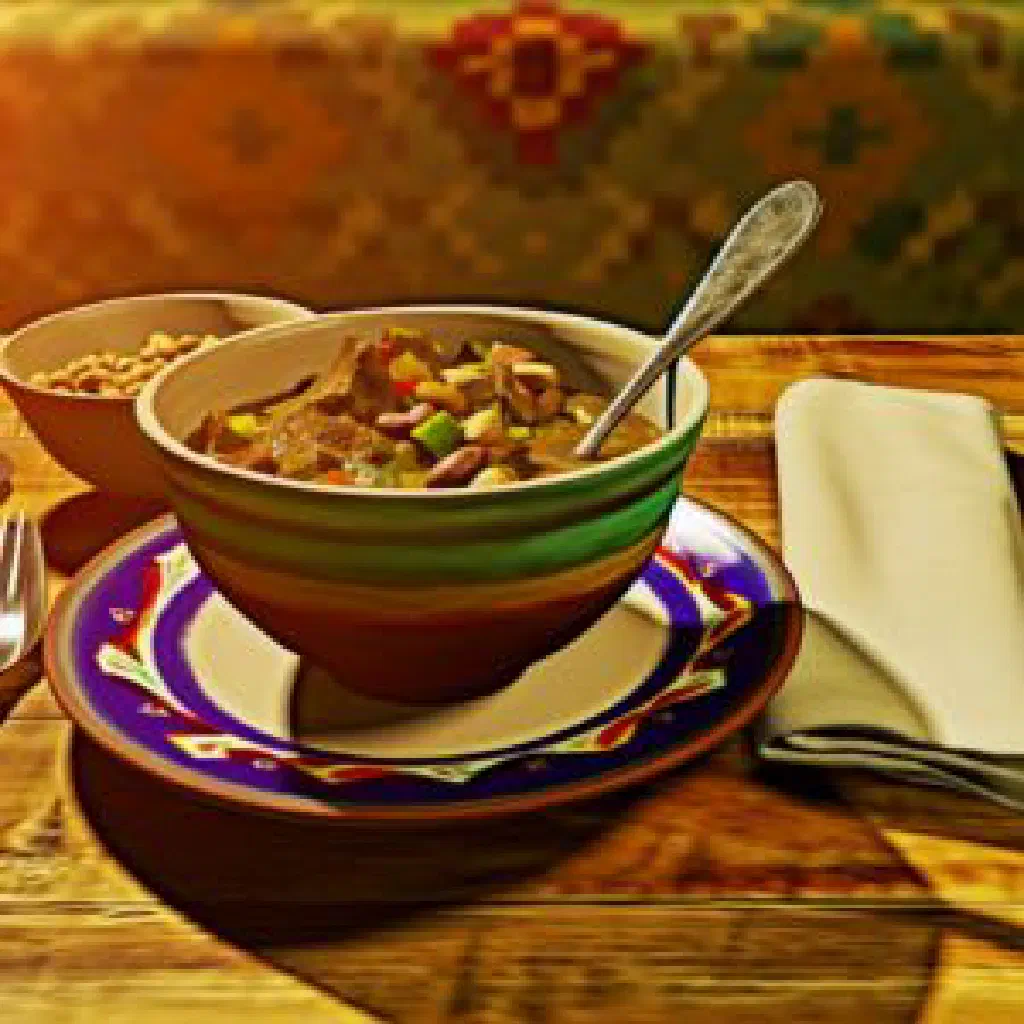 A deep bowl of aush noodle soup with vegetables and fresh herbs