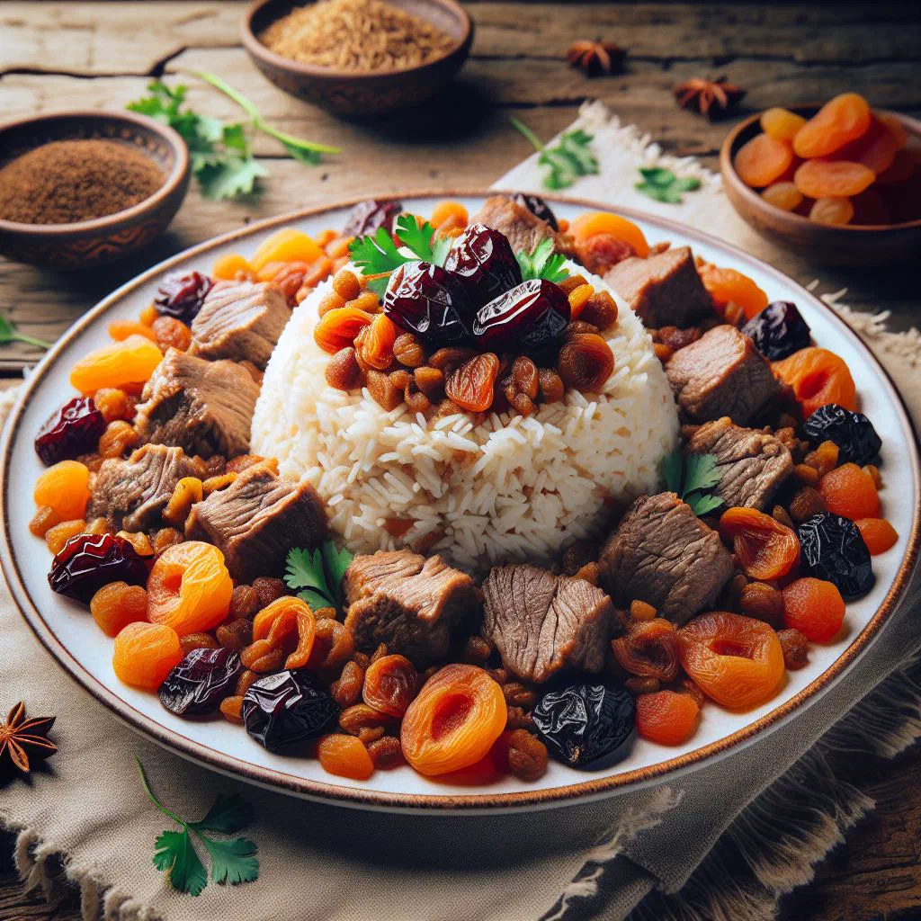 Baku plov with golden rice, tender lamb and shredded carrots in a large pot