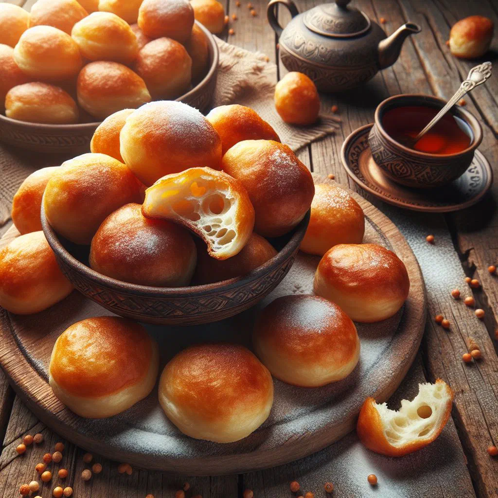 Golden fried baursak dough balls piled in a serving bowl
