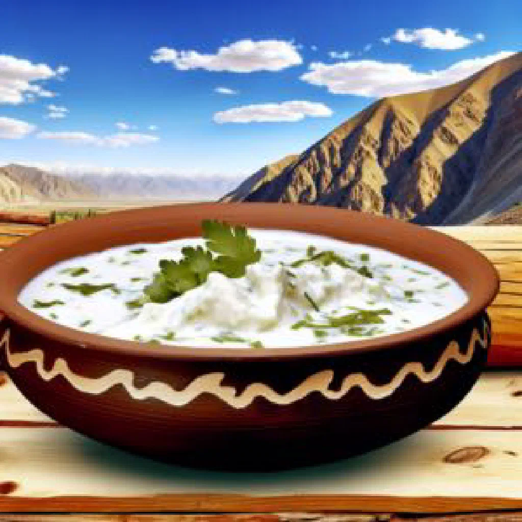 Bowl of creamy Tajik chaka yoghurt dip garnished with fresh herbs