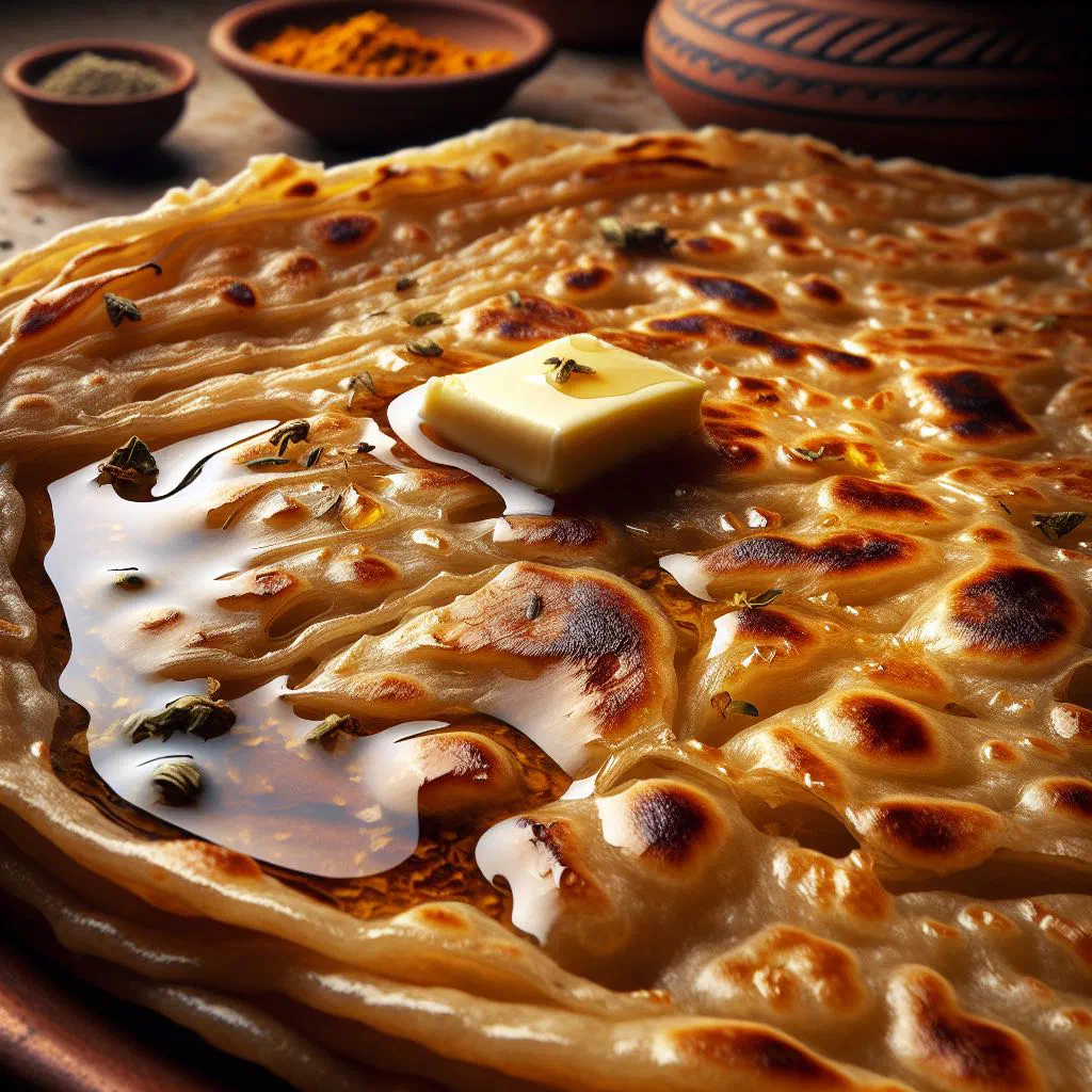 Golden pan-fried chakka paratha filled with cheese and fresh herbs