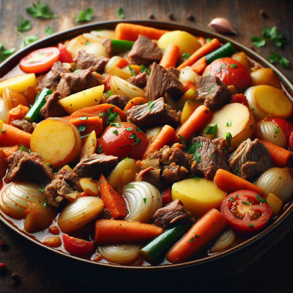 Layered Tajik damlama stew with meat, potatoes and vegetables in a pot