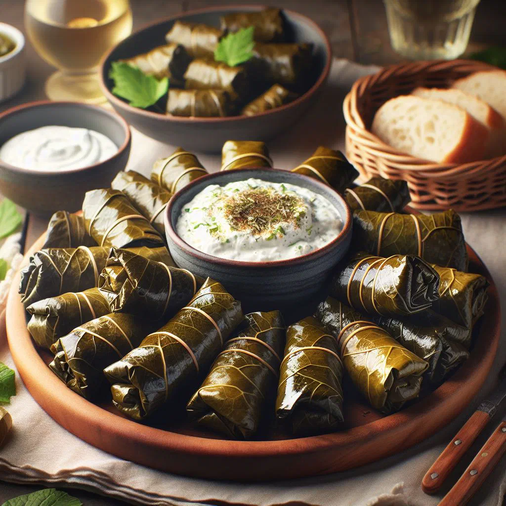 Stuffed vine leaves arranged on a plate with lemon and fresh herbs