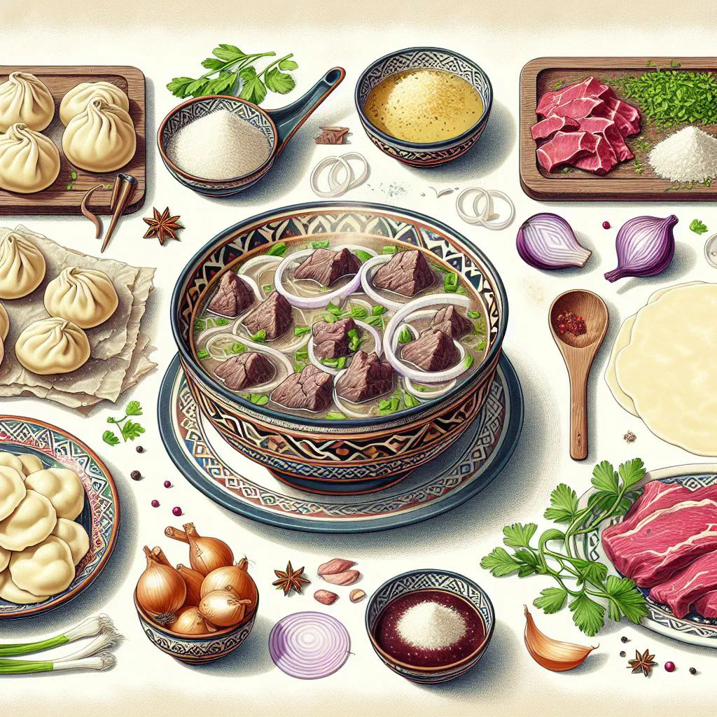 Bowl of dushbara dumplings in clear broth garnished with fresh herbs