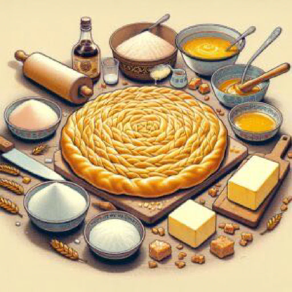 Golden baked gata pastry cut into pieces with a nutty filling