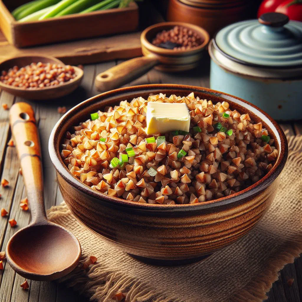 Bowl of Tajik kasha with buckwheat, carrots and fresh herbs