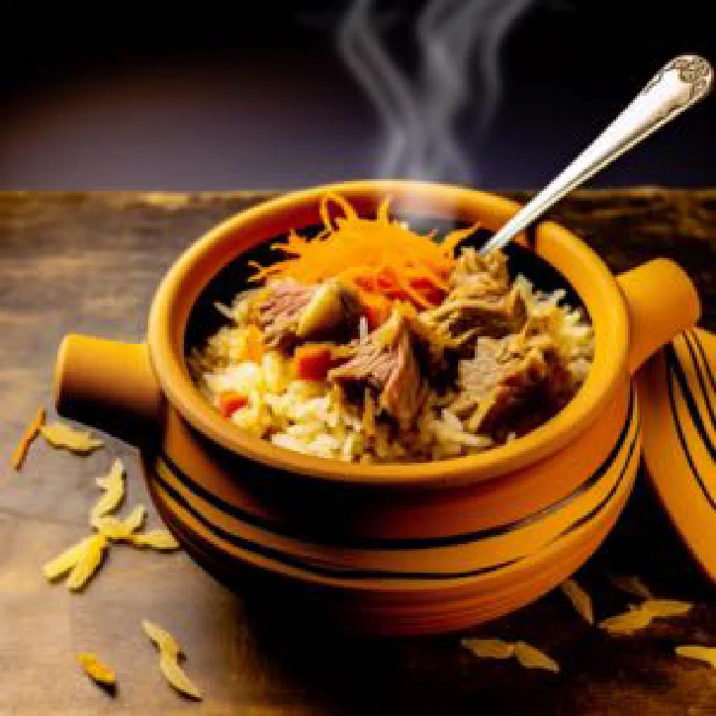 Osh palov with rice, lamb and carrot strips in a serving bowl