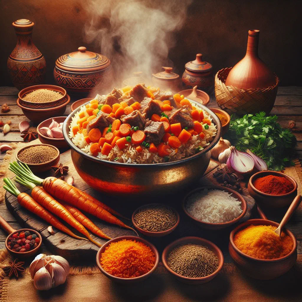 Tajik plov with rice, lamb, carrots and whole garlic cloves in a wide bowl
