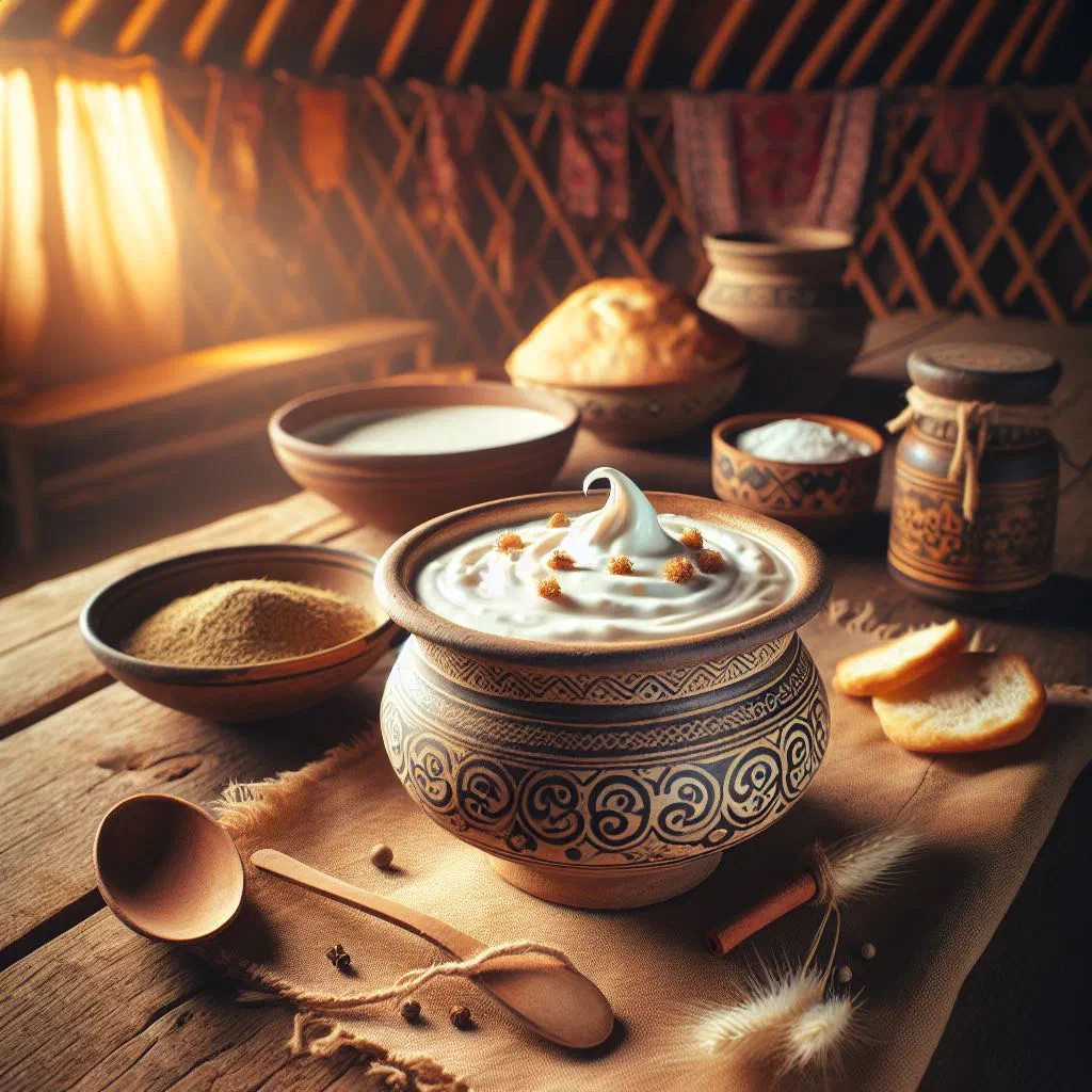 Bowl of thick Tajik qaymoq cream served with flatbread