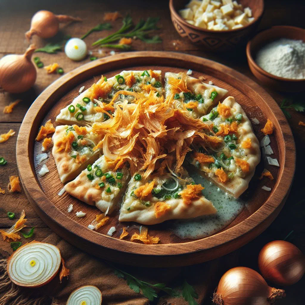 Qurutob with torn flatbread, herbs, onions and tangy yoghurt sauce