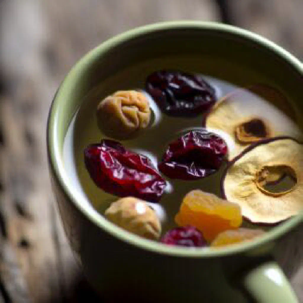 Cup of sweet Tajik shirin chai with cinnamon and dried fruit