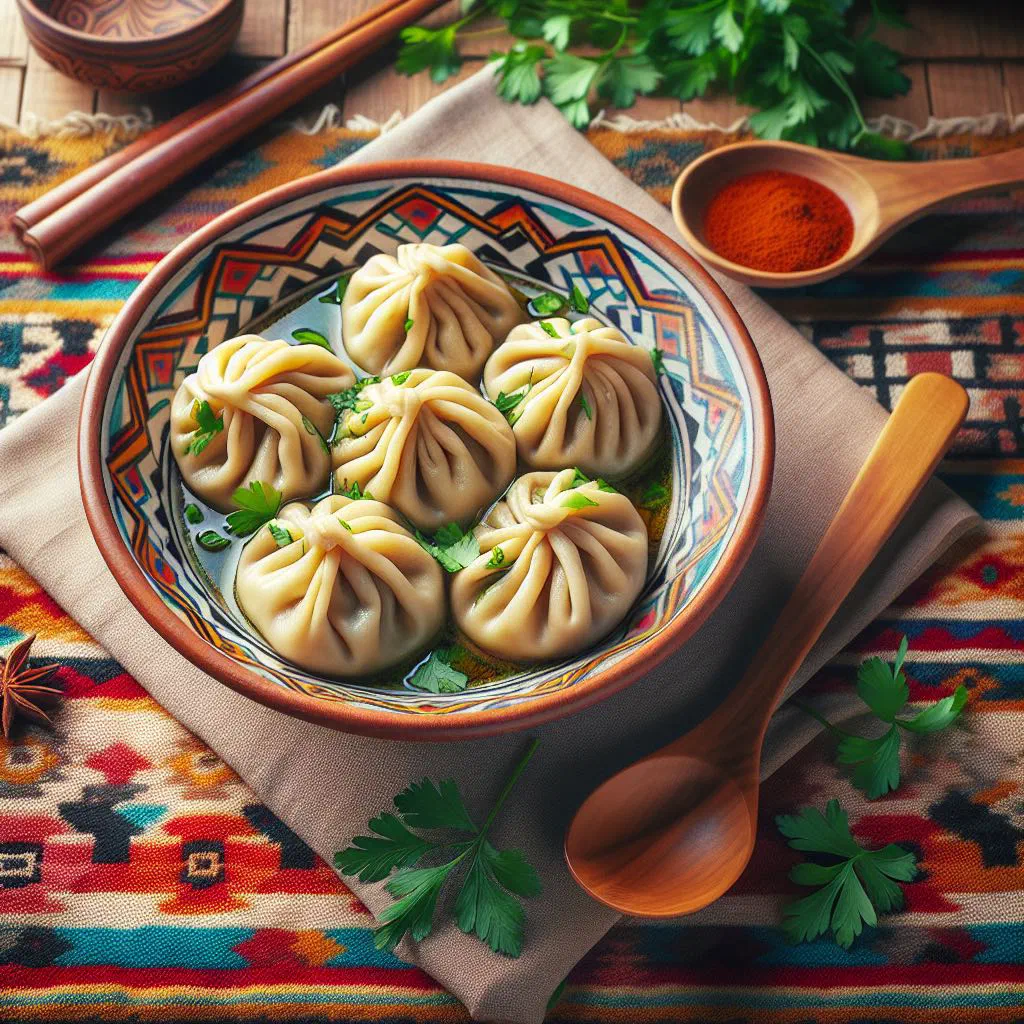 Steamed Tajik-style manti dumplings garnished with fresh herbs and yoghurt