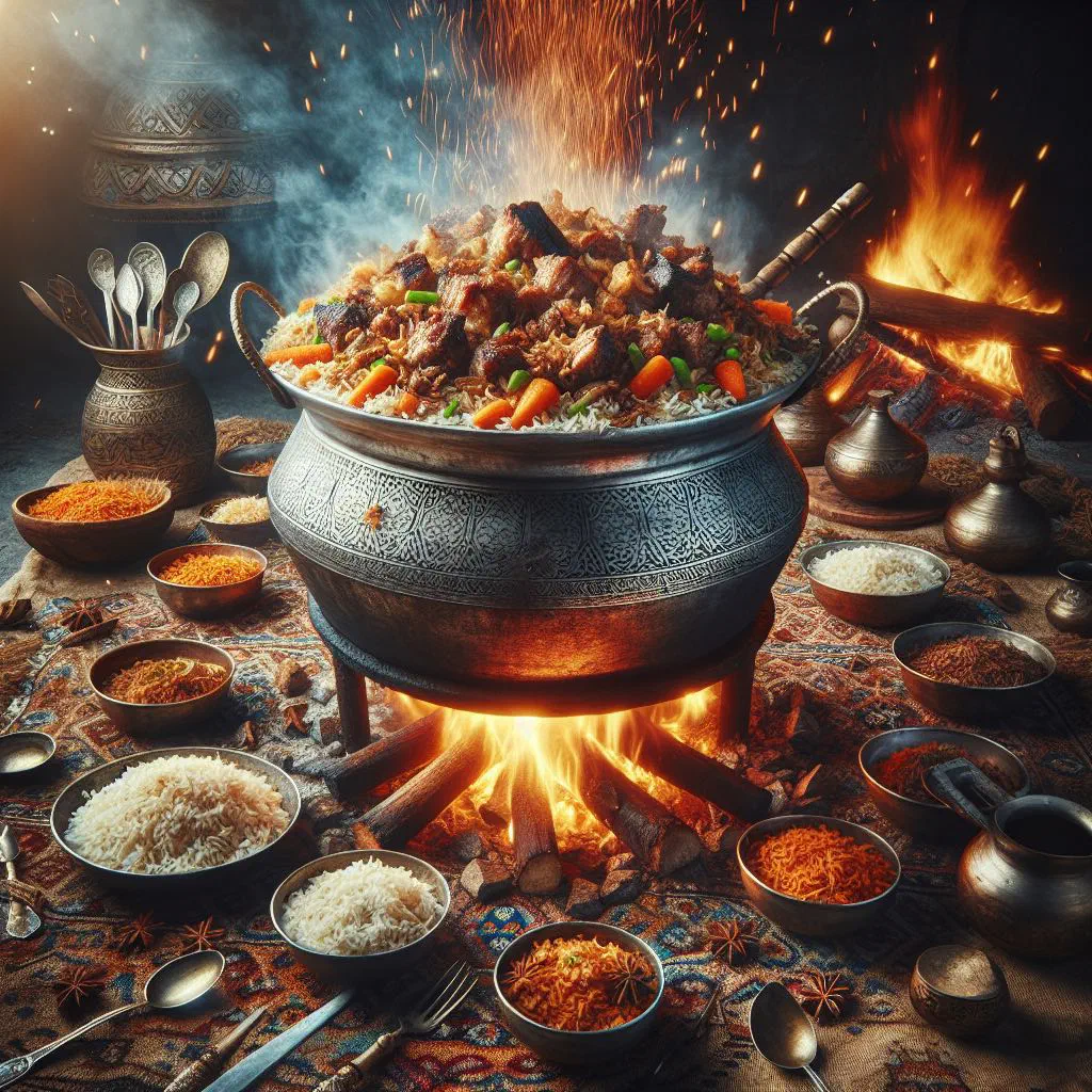Tashkent plov with tender lamb, carrot strips and fluffy long-grain rice in a large dish