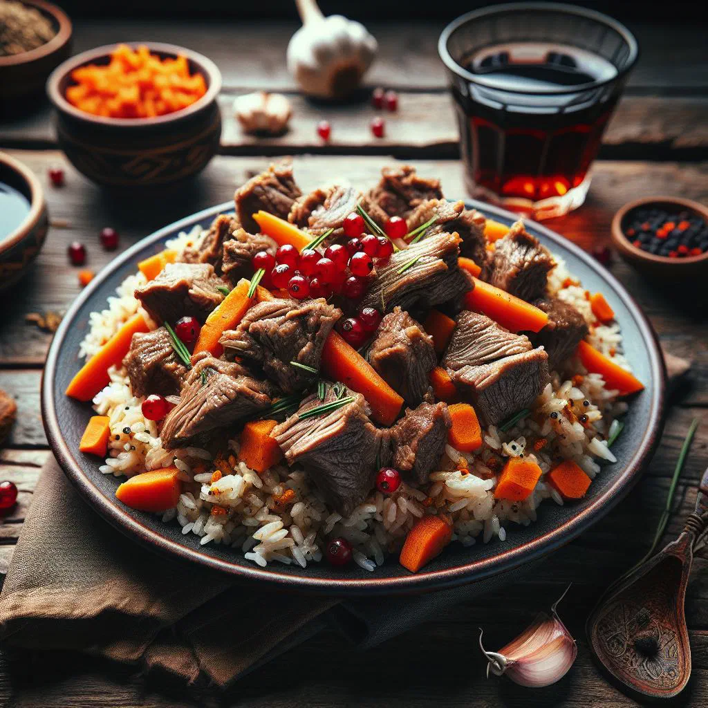 Togora plov with rice, lamb and carrot strips served in a large dish